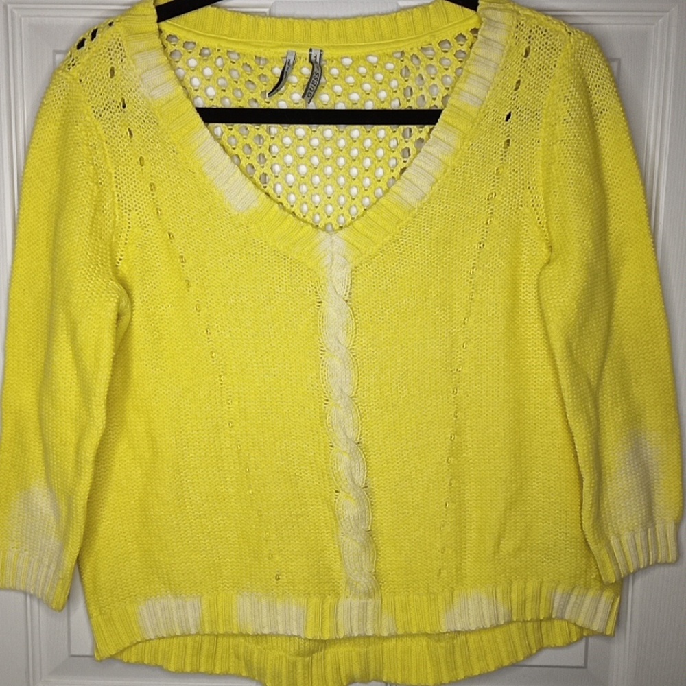 Guess Yellow & White Ombre Net Back Cable Knit Sweater Oversized XS